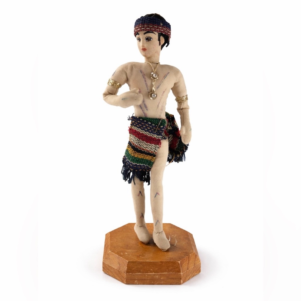 Vintage Handmade Tribal Folk Art Doll 7” Felt Figure Woven Skirt Wood Base - Picture 2 of 7